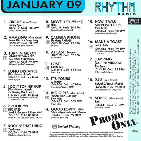Various : Promo Only Rhythm Radio January 09 (CD, Comp, Promo)