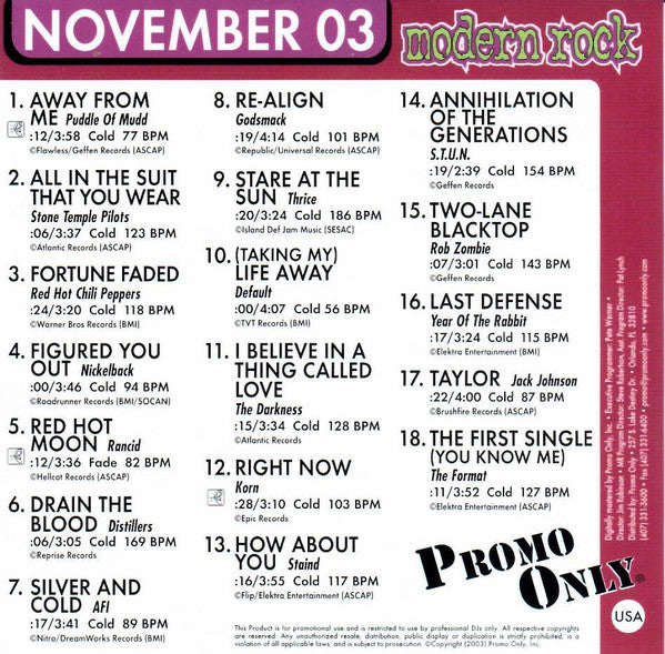 Various : Promo Only Modern Rock: November 03 (CD, Comp, Promo)
