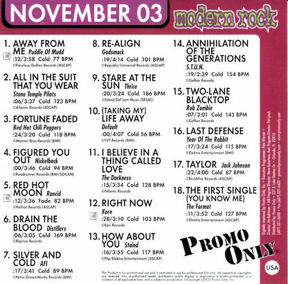 Various : Promo Only Modern Rock: November 03 (CD, Comp, Promo)