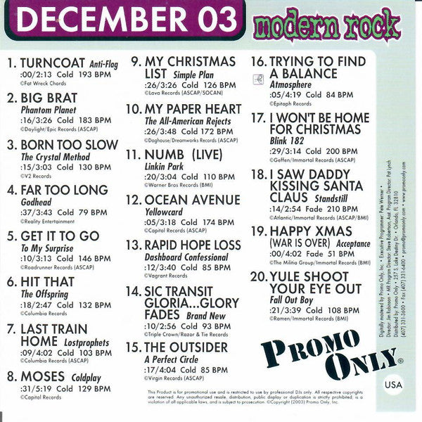 Various : Promo Only Modern Rock Radio: December 03 (CD, Comp, Promo)