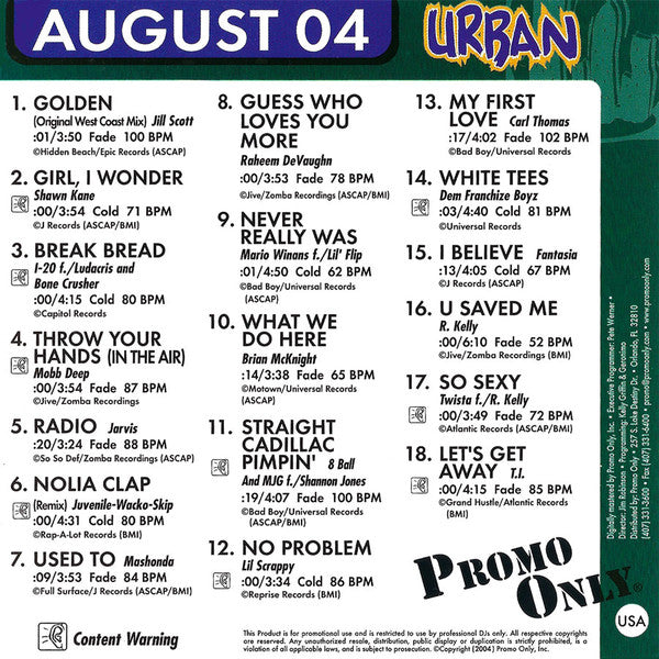 Various : Promo Only Urban Radio: August 2004 (CD, Comp, Promo)