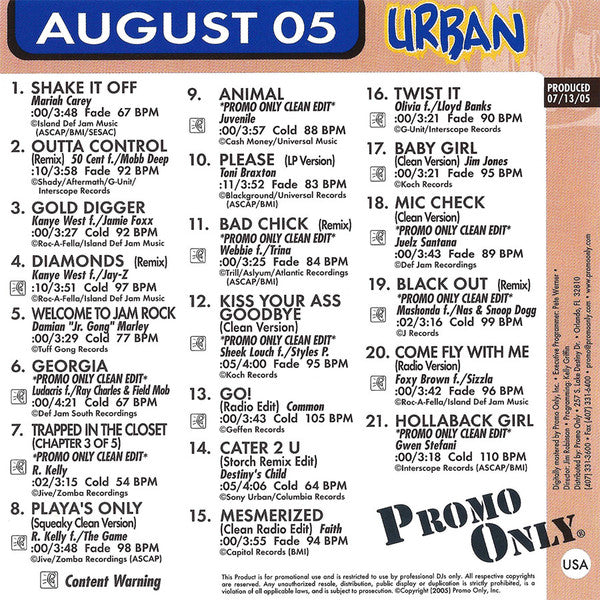 Various : Promo Only Urban Radio August 2005 (CD, Comp, Promo)