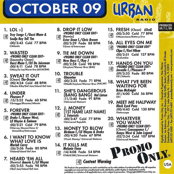 Various : Promo Only Urban Radio: October 2009 (CD, Comp, Promo)