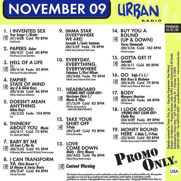 Various : Promo Only Urban Radio: November 2009 (CD, Comp, Promo)