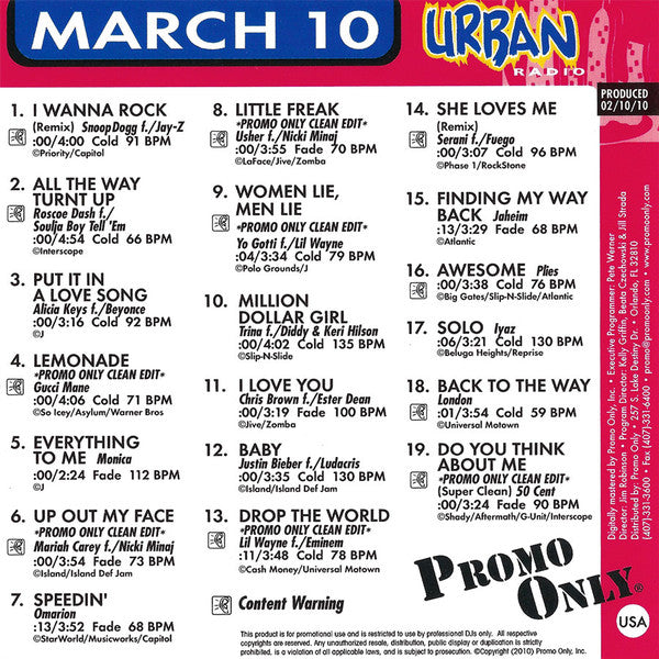 Various : Promo Only Urban Radio: March 2010 (CD, Comp, Promo)