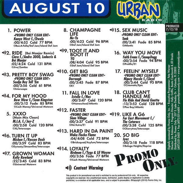 Various : Promo Only Urban Radio: August 2010 (CD, Comp, Promo)