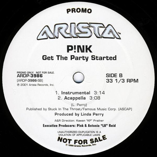 P!NK : Get The Party Started (12", Promo)