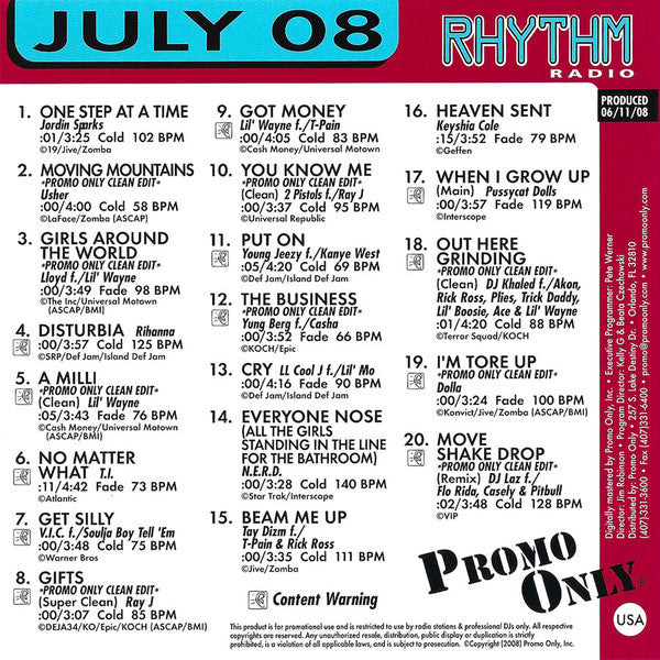 Various : Promo Only Rhythm Radio: July 2008 (CD, Comp, Promo)
