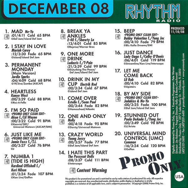 Various : Promo Only Rhythm Radio: December 08 (CD, Comp, Promo)