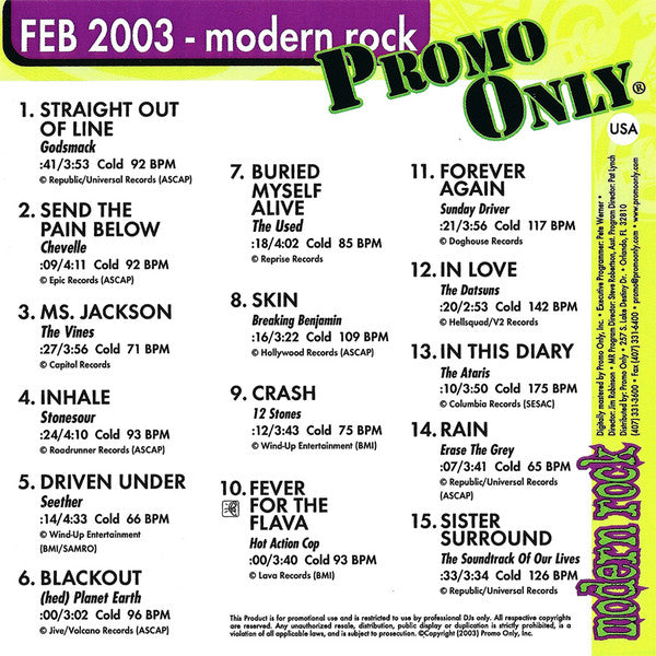 Various : Promo Only Modern Rock Radio: February 2003 (CD, Comp, Promo)