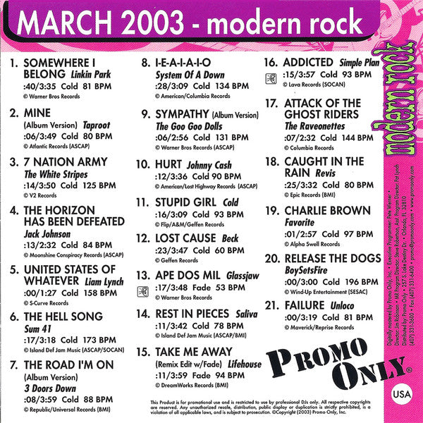 Various : Promo Only Modern Rock Radio: March 2003 (CD, Comp, Promo)
