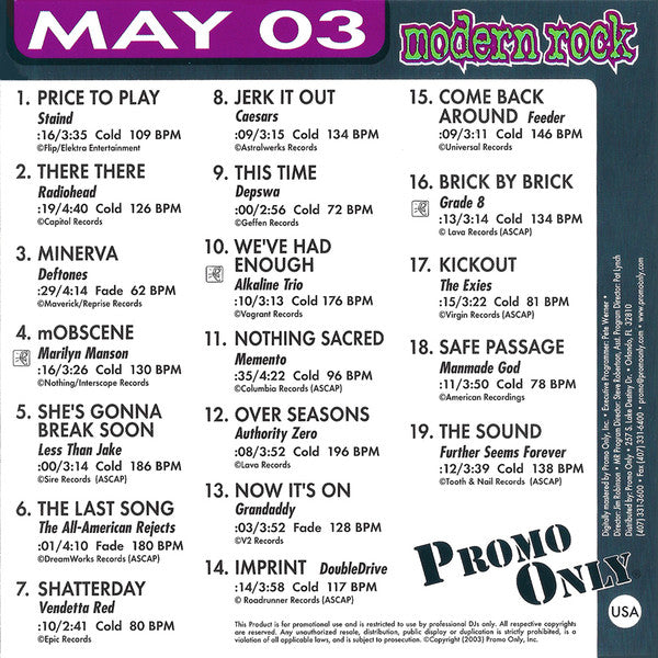 Various : Promo Only Modern Rock Radio: May 2003 (CD, Comp, Promo)