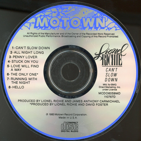Lionel Richie : Can't Slow Down (CD, Album, Club, RE, RCA)