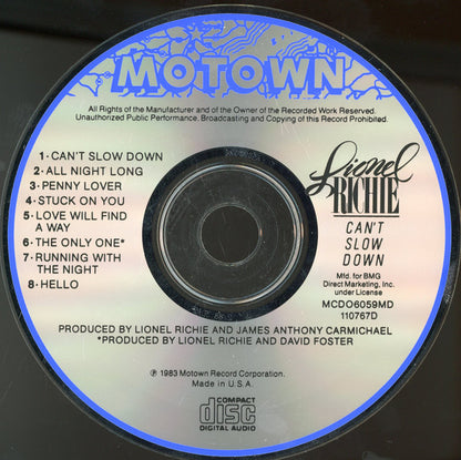 Lionel Richie : Can't Slow Down (CD, Album, Club, RE, RCA)