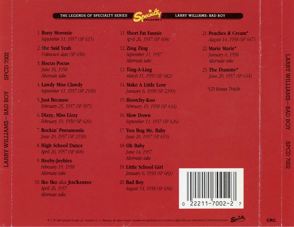 Larry Williams (3) : Bad Boy (CD, Comp, Club, CRC)