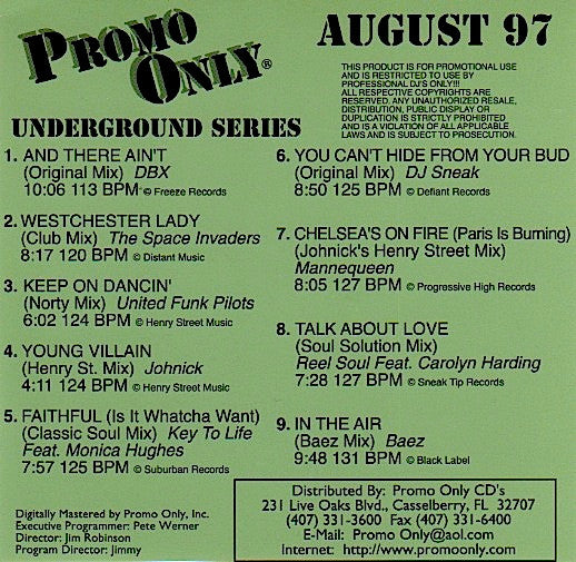Various : Promo Only Underground Series: August 97 (CD, Comp, Promo)