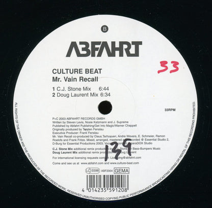 Culture Beat : Mr. Vain Recall (12", Maxi)