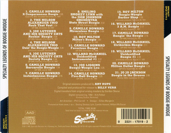 Various : Specialty Legends Of Boogie-Woogie (CD, Comp, Promo, RM)