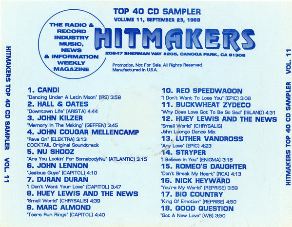 Various : Hitmakers Top 40 CD Sampler Volume 11, Sept 23, 1988 (CD, Promo, Smplr)