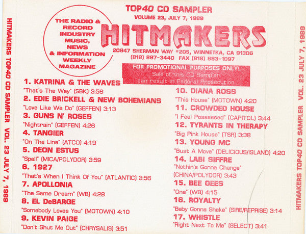 Various : Hitmakers Top 40 CD Sampler Volume 23 - July 7, 1989 (CD, Comp, Promo, Smplr)