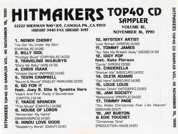Various : Hitmakers Top40 CD Sampler Volume 45, November 16, 1990 (CD, Comp, Promo)
