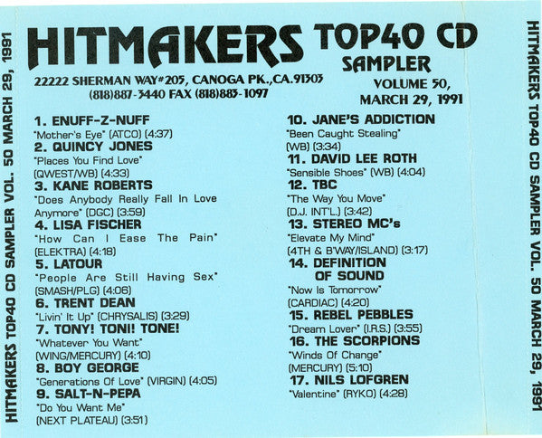 Various : Hitmakers Top 40 CD Sampler Volume 50 March 29, 1991 (CD, Promo, Smplr)