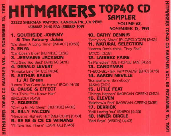 Various : Hitmakers - Top 40 CD Sampler Volume 62, November 15, 1991 (CD, Comp, Promo, Smplr)