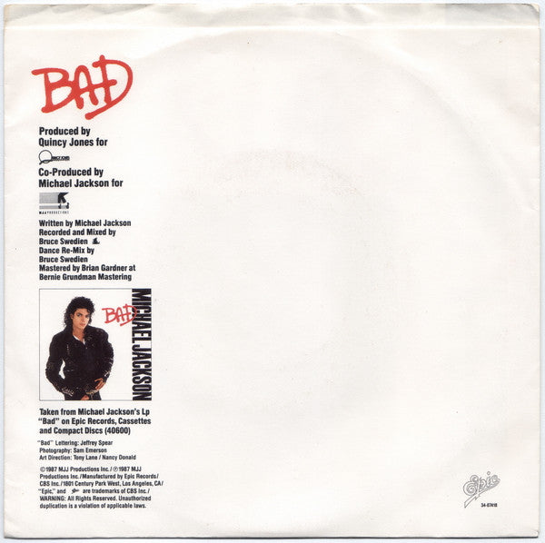 Michael Jackson : Bad (7", Single, Promo)