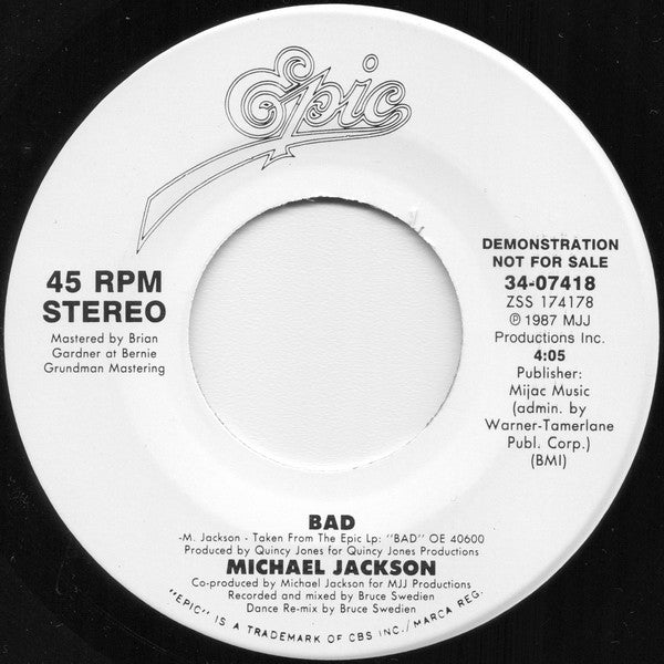 Michael Jackson : Bad (7", Single, Promo)