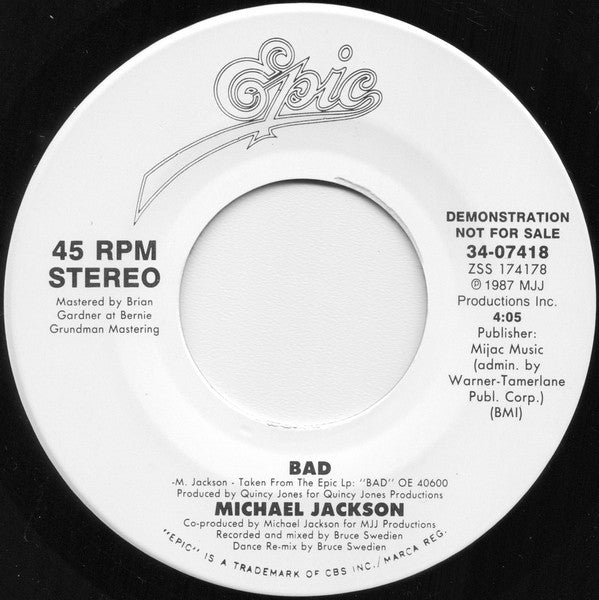 Michael Jackson : Bad (7", Single, Promo)