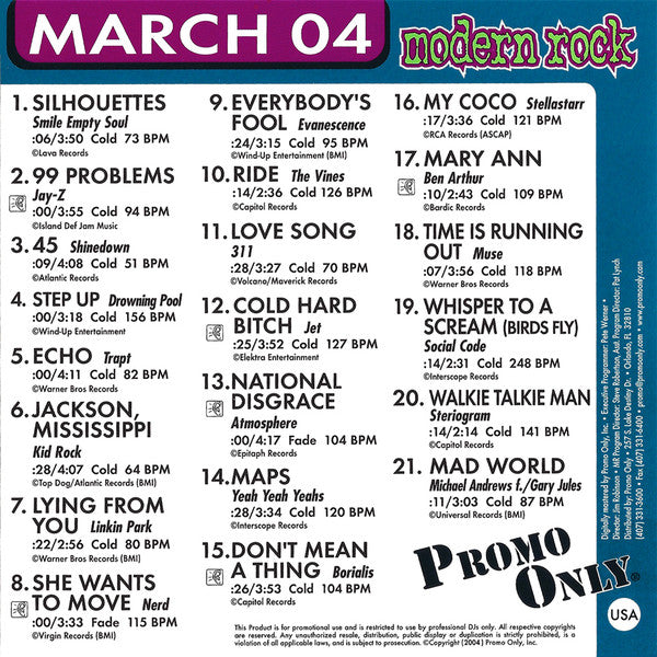 Various : Promo Only Modern Rock Radio: March 04 (CD, Comp, Promo)