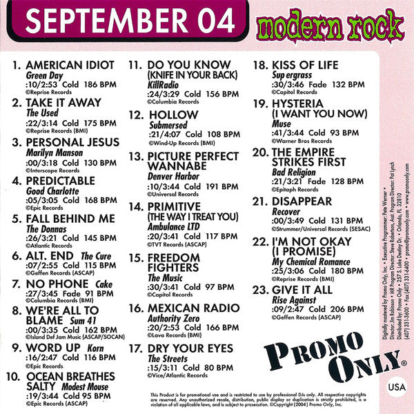 Various : Promo Only Modern Rock Radio: September 2004 (CD, Comp, Promo)