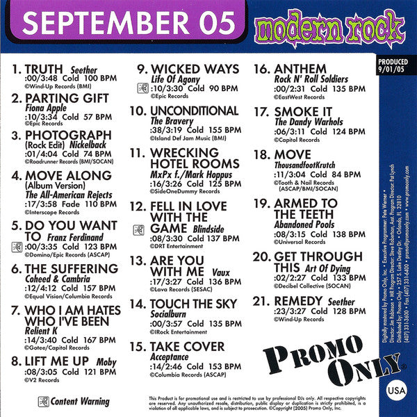 Various : Promo Only Modern Rock Radio: September 2005 (CD, Comp, Promo)