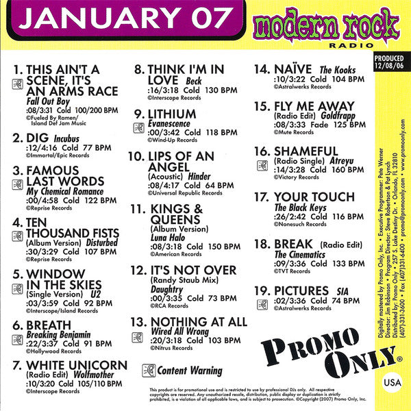 Various : Promo Only Modern Rock Radio: January 2007 (CD, Comp, Promo)