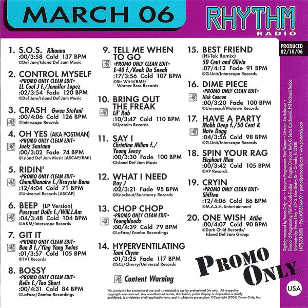 Various : Promo Only Rhythm Radio: March 2006 (CD, Comp, Promo)
