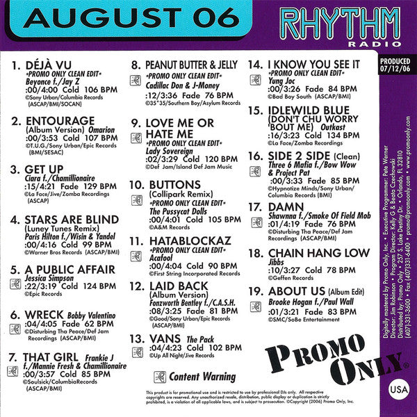 Various : Promo Only Rhythm Radio: August 2006 (CD, Comp, Promo)
