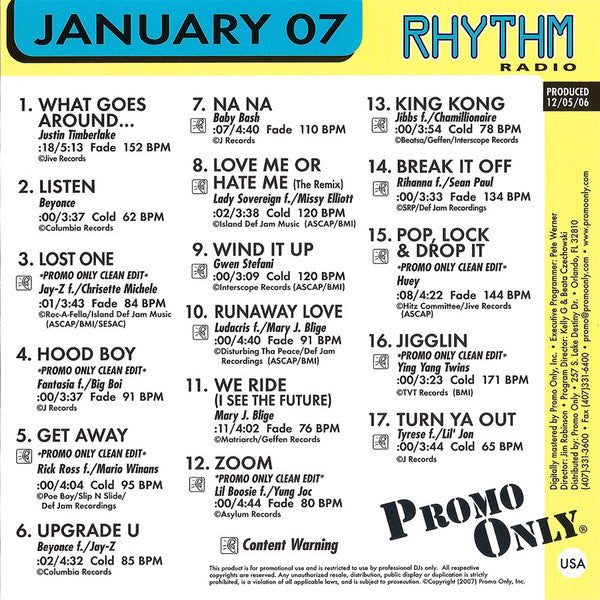 Various : Promo Only Rhythm Radio: January 2007 (CD, Comp, Promo)