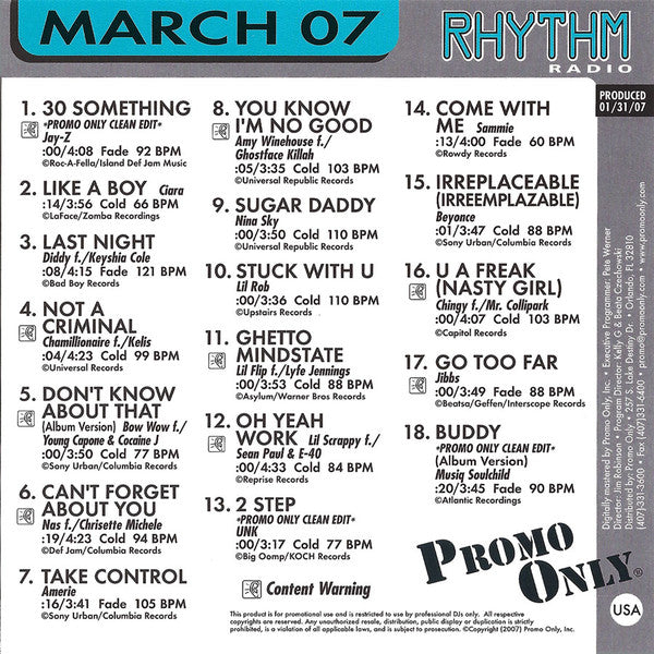 Various : Promo Only Rhythm Radio: March 2007 (CD, Comp, Promo)