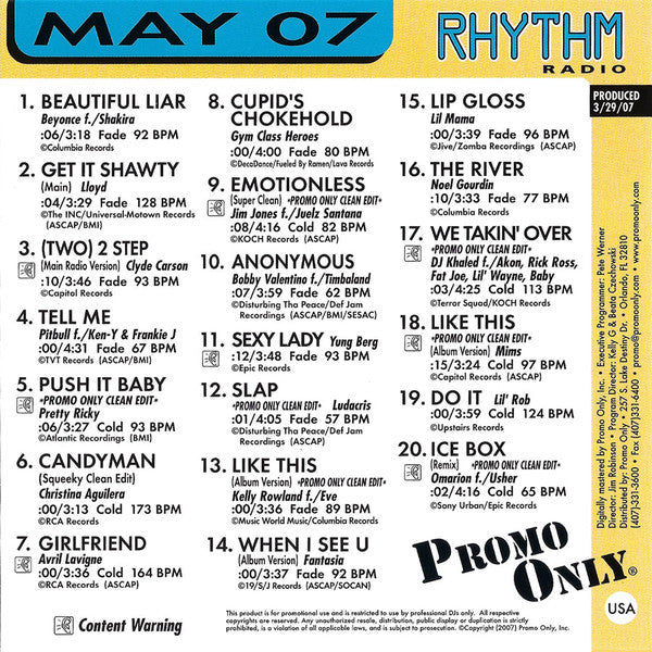 Various : Promo Only Rhythm Radio: May 2007 (CD, Comp, Promo)