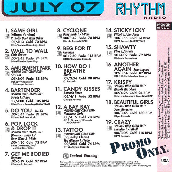 Various : Promo Only Rhythm Radio: July 2007 (CD, Comp, Promo)