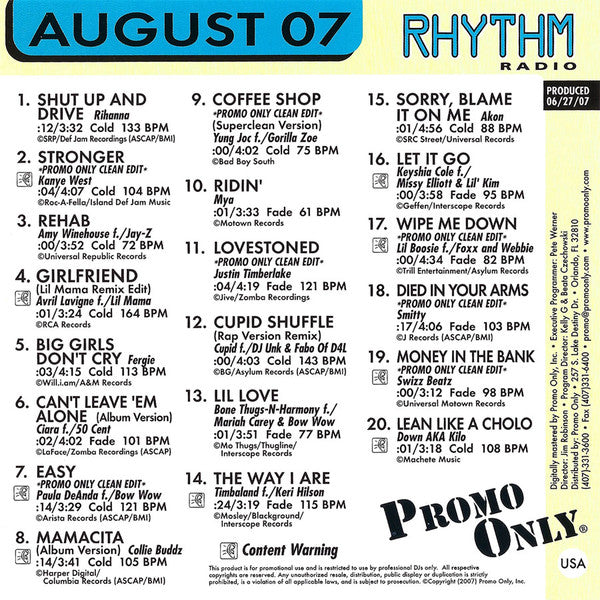 Various : Promo Only Rhythm Radio: August 2007 (CD, Comp, Promo)