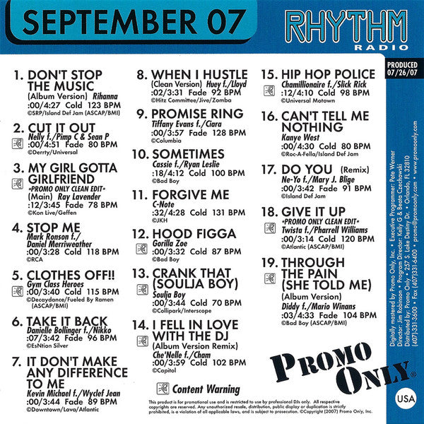 Various : Promo Only Rhythm Radio: September 2007 (CD, Comp, Promo)