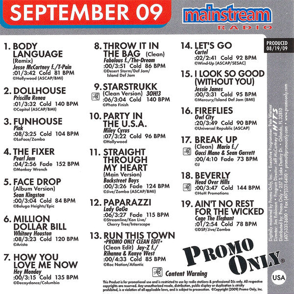 Various : Promo Only Mainstream Radio: September 2009 (CD, Comp, Promo)