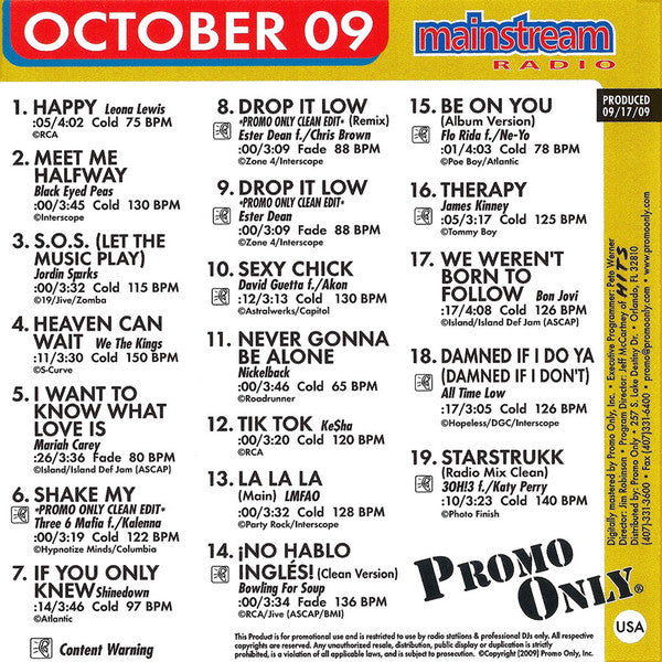 Various : Promo Only Mainstream Radio: October 2009 (CD, Comp, Promo)