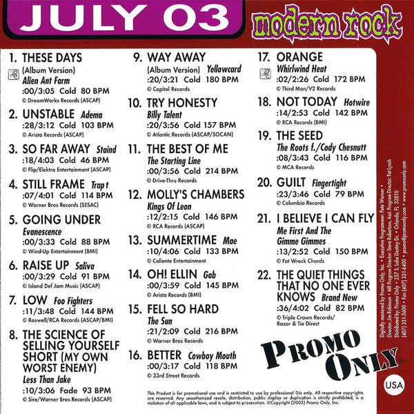 Various : Promo Only Modern Rock Radio: July 03 (CD, Comp, Promo)