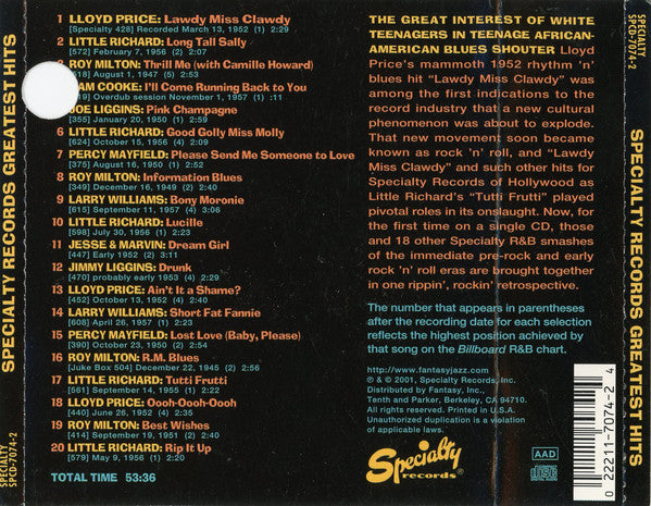 Various : Specialty Records Greatest Hits (CD, Album, Comp, Promo)
