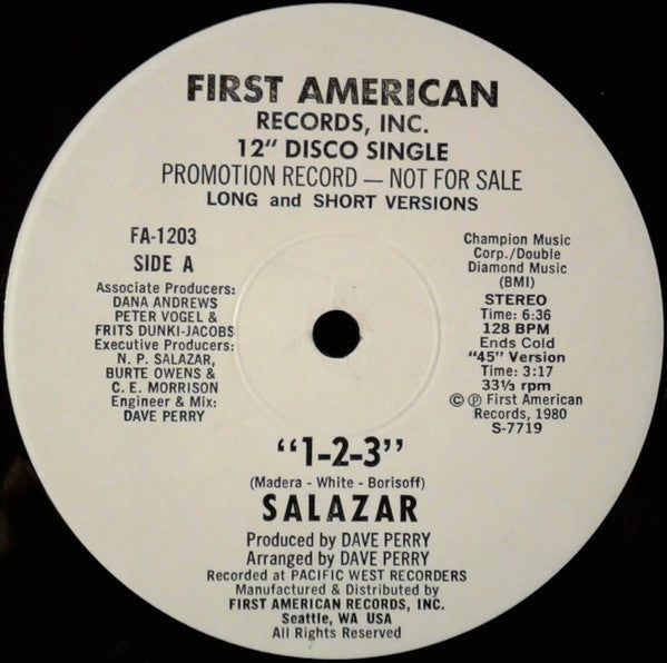 Salazar (2) : 1-2-3 / Let's Hang On (12", Single, Promo)