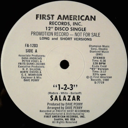 Salazar (2) : 1-2-3 / Let's Hang On (12", Single, Promo)