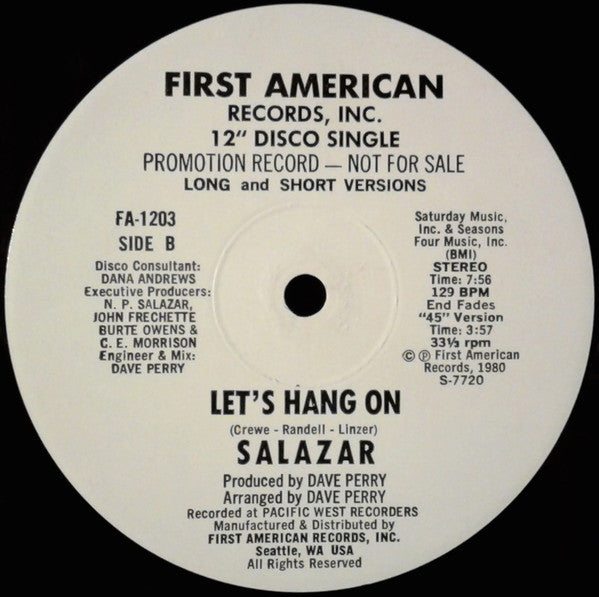Salazar (2) : 1-2-3 / Let's Hang On (12", Single, Promo)