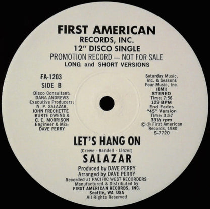 Salazar (2) : 1-2-3 / Let's Hang On (12", Single, Promo)